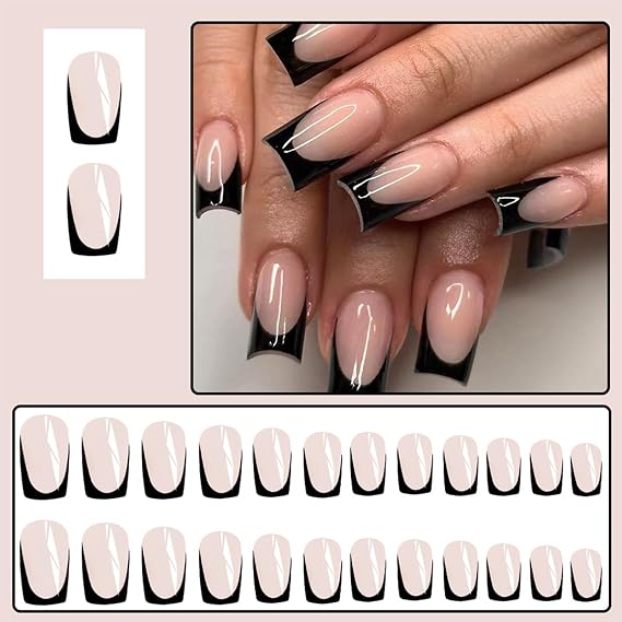 24Pcs Black French Tip Press on Nails Medium Square Nails Press ons Pure Color Full Cover Acrylic Nails Natural Pink Nude Stick on Nails French Artificial Nail for Women Manicure Decoration