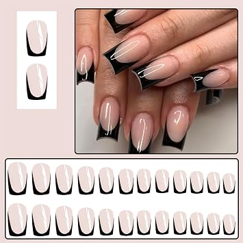 24Pcs Black French Tip Press on Nails Medium Square Nails Press ons Pure Color Full Cover Acrylic Nails Natural Pink Nude Stick on Nails French Artificial Nail for Women Manicure Decoration