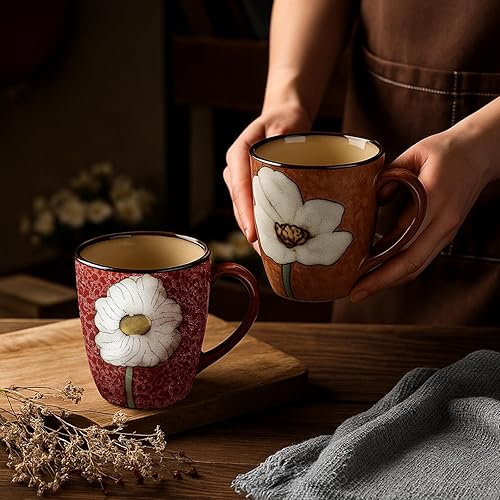 Miniatura 3 de Maxdot Juego de 2 tazas de café de cerámica de 12 onzas, proceso de acristalamiento, taza de té de cerámica floral, taza de té de cerámica para