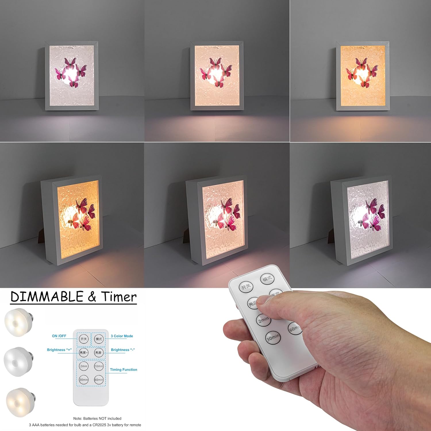 Remote Control Acrylic Wall Sconce Battery Up and Down Lights Wireless Wall Lamp, Color Changing Dimmable and Smart Timer with 3D Simulated Butterflies for Rustic Artwork Home Indoor, Pink