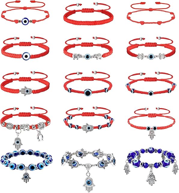 ADRAMATA 15 Pcs Evil Eye Bracelets for Women Men Adjustable Red String Bracelet Blue Evil Eye Bracelet with Hamsa Hand Turkish Lucky Bracelets for Protection and Blessing Evil Eye Jewelry