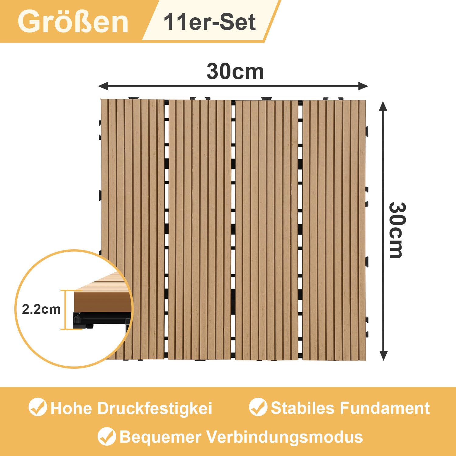 Płytki tarasowe WPC 30 x 30 cm, w kolorze tekowym, 55 sztuk (5 m²) z systemem zatrzaskowym, nadają się do wody, płytki o wyglądzie drewna, na balkon i taras, łatwe do ułożenia (WPC, płytki na