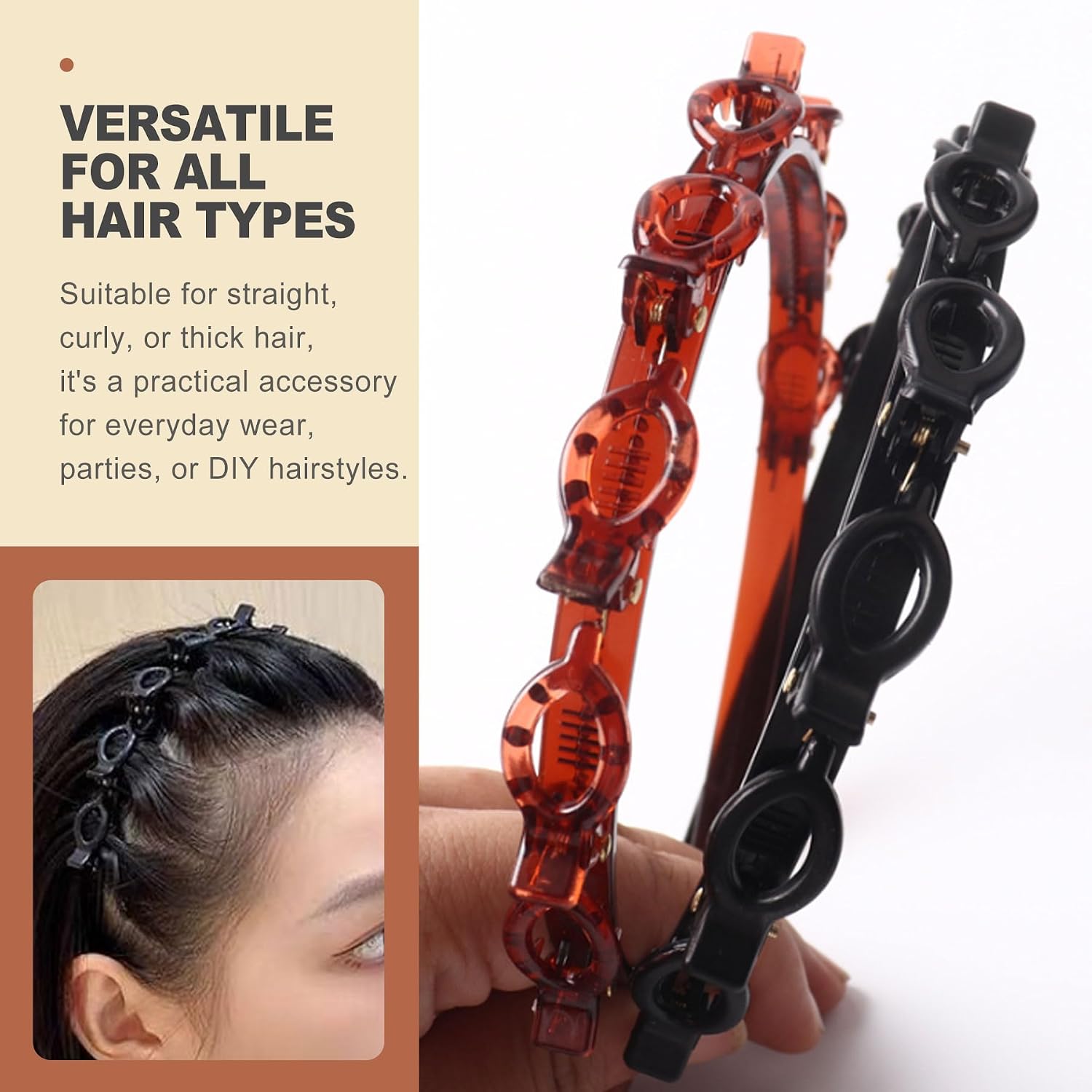 2 Pack Double Layer Headband with Mini Clips for Women Non Slip Twist Braid Hair Band with 8 Small Clips Braided Hairstyle Tool for Bangs Braiding DIY Hair Styling Accessories