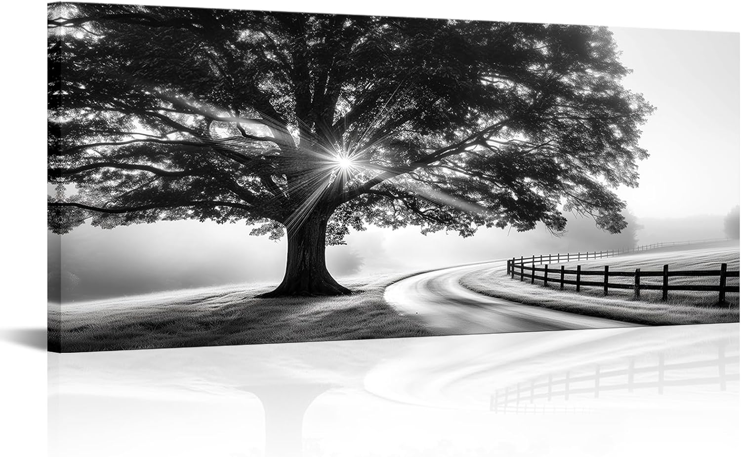 sechars Black and White Tree Wall Art Sunrise Picture Prints Panoramic Farm Landscape Canvas Country Wall Decor 20"X48"
