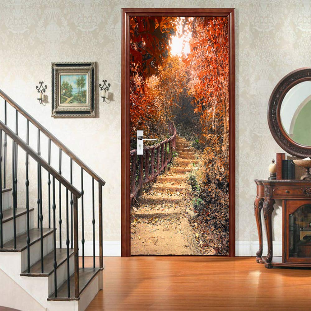 Sticker de porte paysage d'escaliers de forêt d'automne papier peint 88x200