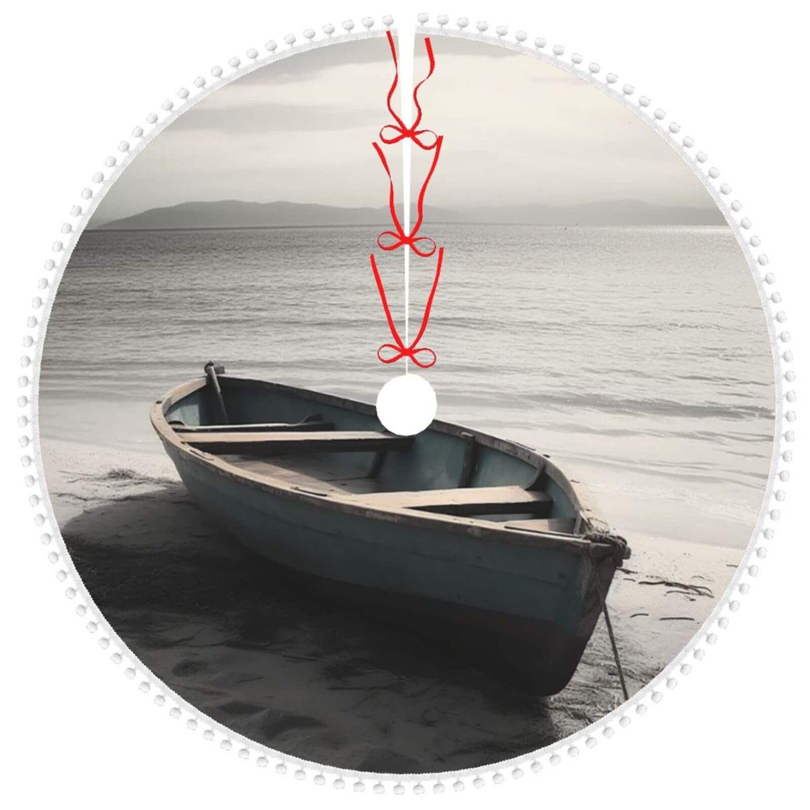 Jupe de sapin de Noël 121,9 cm avec pompons et imprimé bateau bord de mer