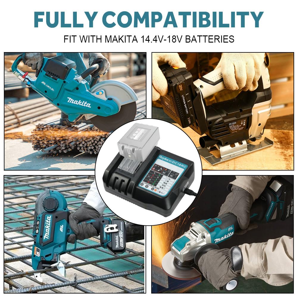 Flintronic Szybka ładowarka kompatybilna z Makita 14,4 V/18 V litowa, z wielokrotną ochroną, zamiennik akumulatora litowego BL1830, BL1840, BL1850, BL1860, BL1815, BL1415, DC18RD, DC18RA, DC18SF