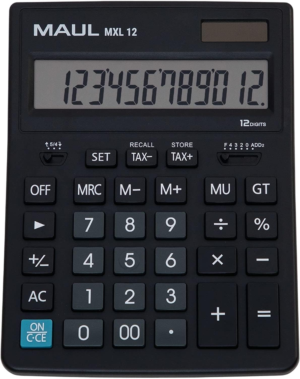 MAUL Commercial Calculator MXL12 | 12 Digits | Includes Tax Calculator | Angled Display | Large Professional Desktop Calculator | Solar Powered | Battery Included | 20.5 x 15.5 cm | Black