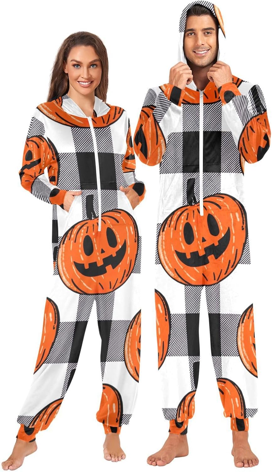 GAIREG Halloween Black White Plaid One-Piece Pajama Jumpsuits, Plush Pajama Onesie for Men Women
