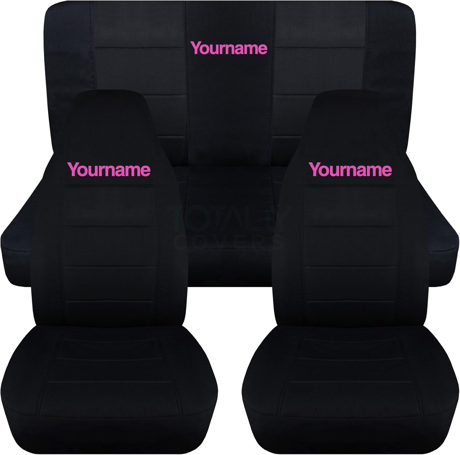 Totally Covers Compatible with 1987-1995 Jeep Wrangler YJ Black Seat Covers with Your Name/Text: Black with Hot Pink - Full Set: Front & Rear (22 Colors) Complete Back Bench