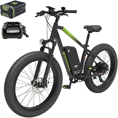 Greenworks 80V 26" (All-Terrain) Fat Tire Mountain Electric Bike for Adults (Brushless Rear Hub Motor), 7-Speed, Up to 20 MPH, Dual Disc Brakes, Pedal Assist with 4Ah Battery and Rapid Charger