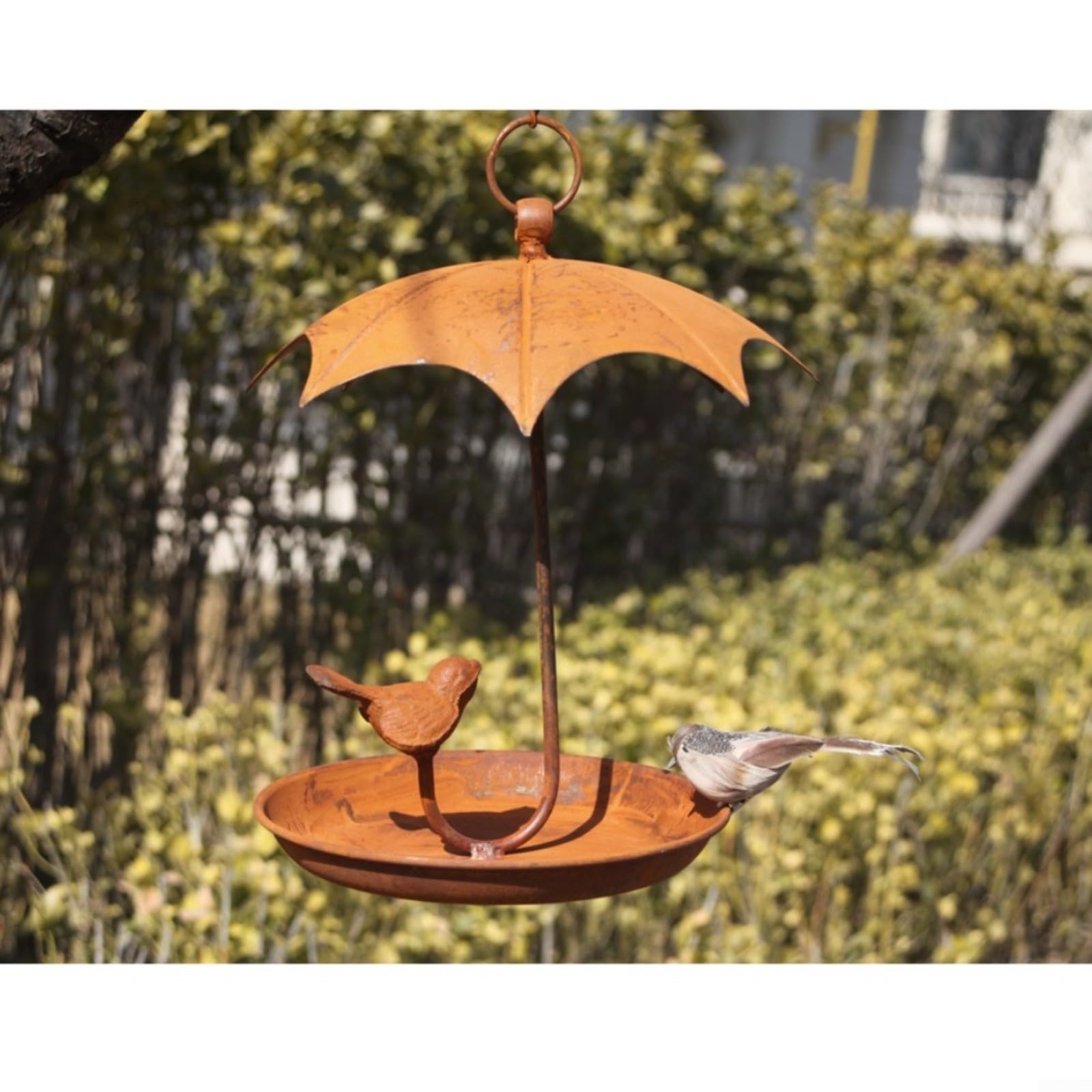 Mangiatoia per uccelli in metallo rustico, da appendere, decorazione da giardino, effetto ruggine, resistente alle intemperie, con gancio, per uccelli selvatici