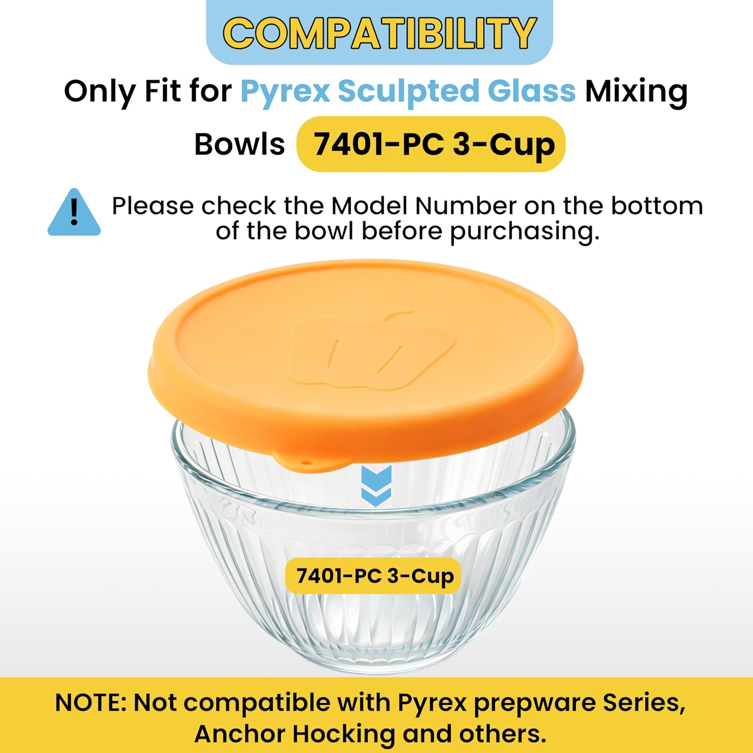 Silicone Replacement Lids for Pyrex 7401-PC 3 Cup Sculpted Glass & Tinted Glass Bowls Mixing Bowls, Round Food Storage Cover 2-Pack (Only Lid)