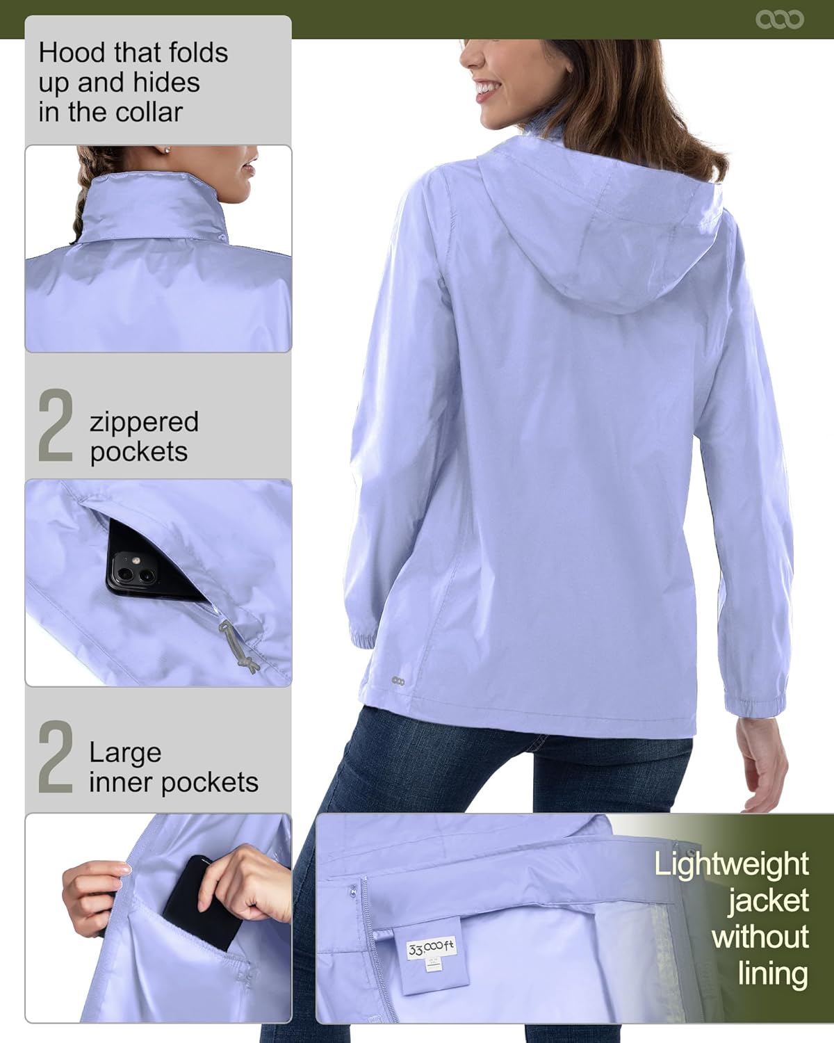 33,000ft Women's Rain Jacket Waterproof Lightweight Packable Raincoat with Hood for Golf Hiking Travel Windbreaker - Image 5
