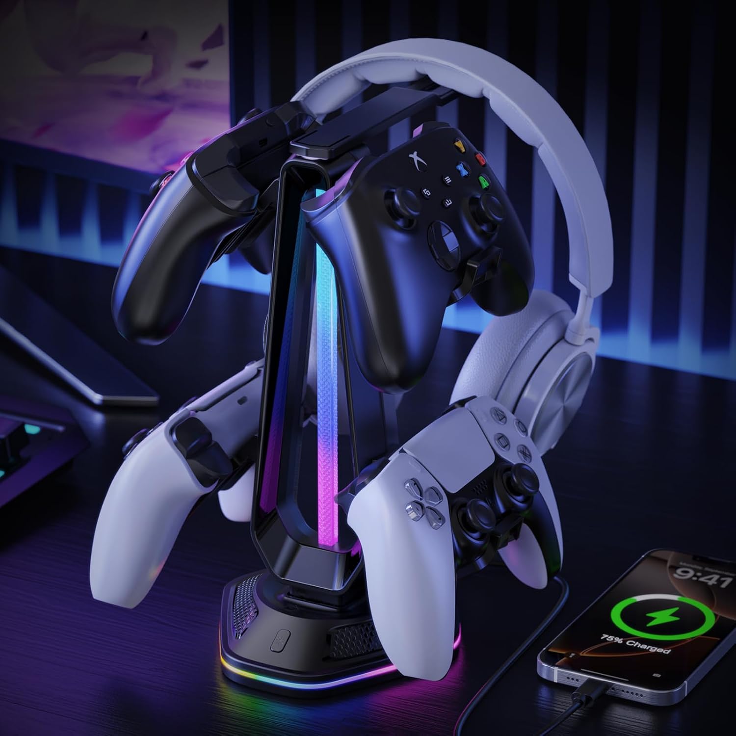 Gaming Headphones Stand with 12 Light Modes - Controller Holder for Desk, RGB Gaming Headset Stand with 2 USB Charging Ports - Supports Data Transfer, Earphone Hanger Accessories for Desktop Gamer