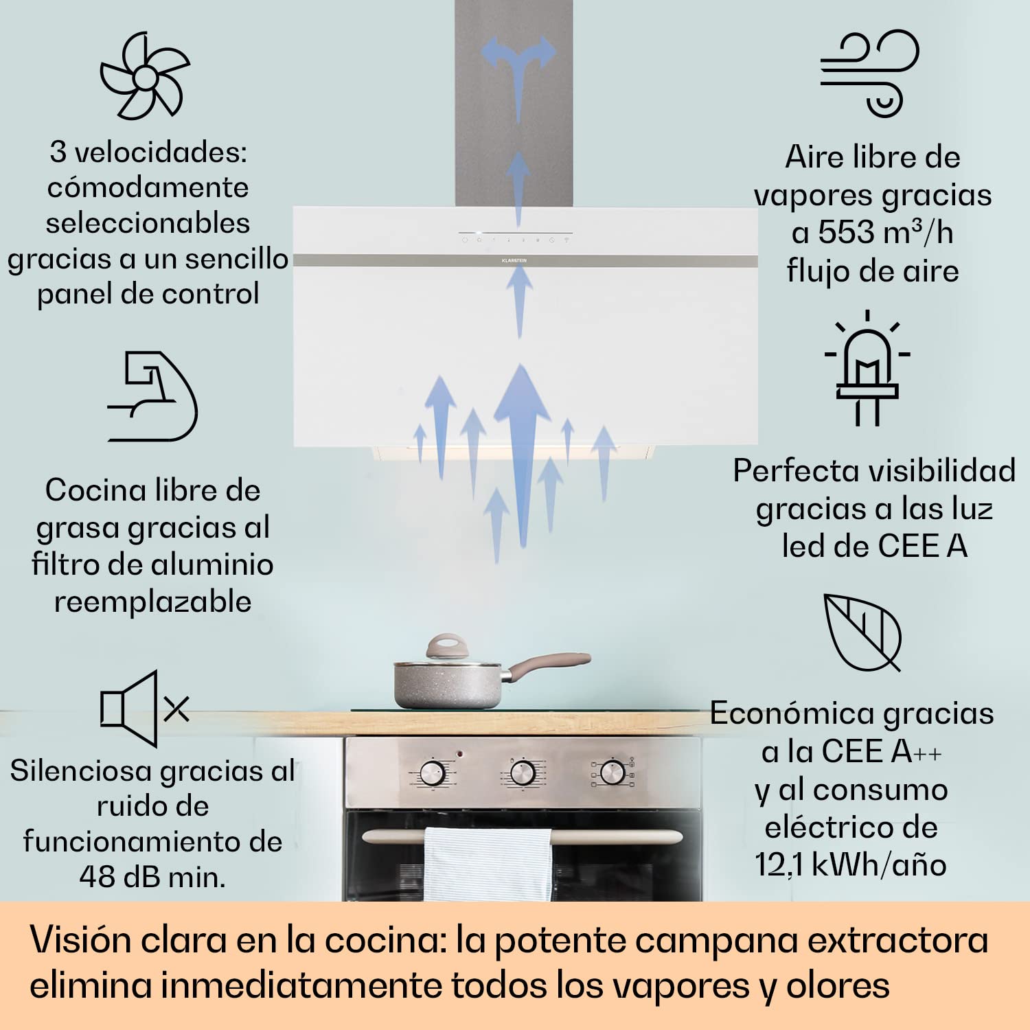 Klarstein Campana Extractora 90 cm, Campanas Extractoras, Extractor de Cocina con Filtro Anti Grasa, loT/Wi-Fi, Luces RGB LED, Flujo de Aire 514m³/h, Campana Bajo Consumo Silenciosa de Clase A++