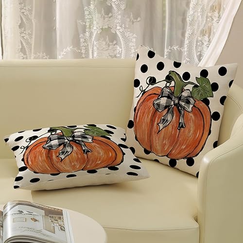 Miniatura 4 de Juego de 2 fundas de almohada de otoño de 16 x 16 pulgadas, diseño de hojas de arce y lunares, decoración de otoño, de lino, Acción de Gracias, para