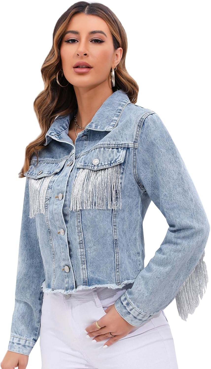 Women Fringe Denim Jackets Casual Oversized Jean Coats