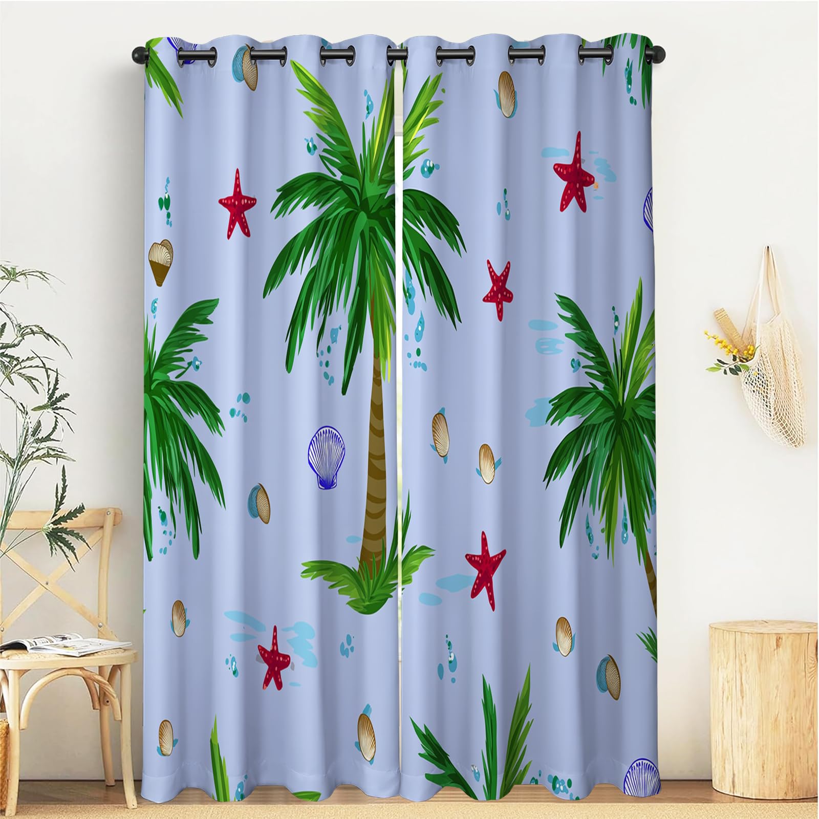 Tende Oscuranti Termiche Isolanti Con Occhielli,3D Digitale Albero Di Cocco A Forma Di Stella Marina Stampa Azzurro Chiaro Illustrazione Botanica Tenda Isolante Camera Da Letto Bambini 107L X 160A Cm