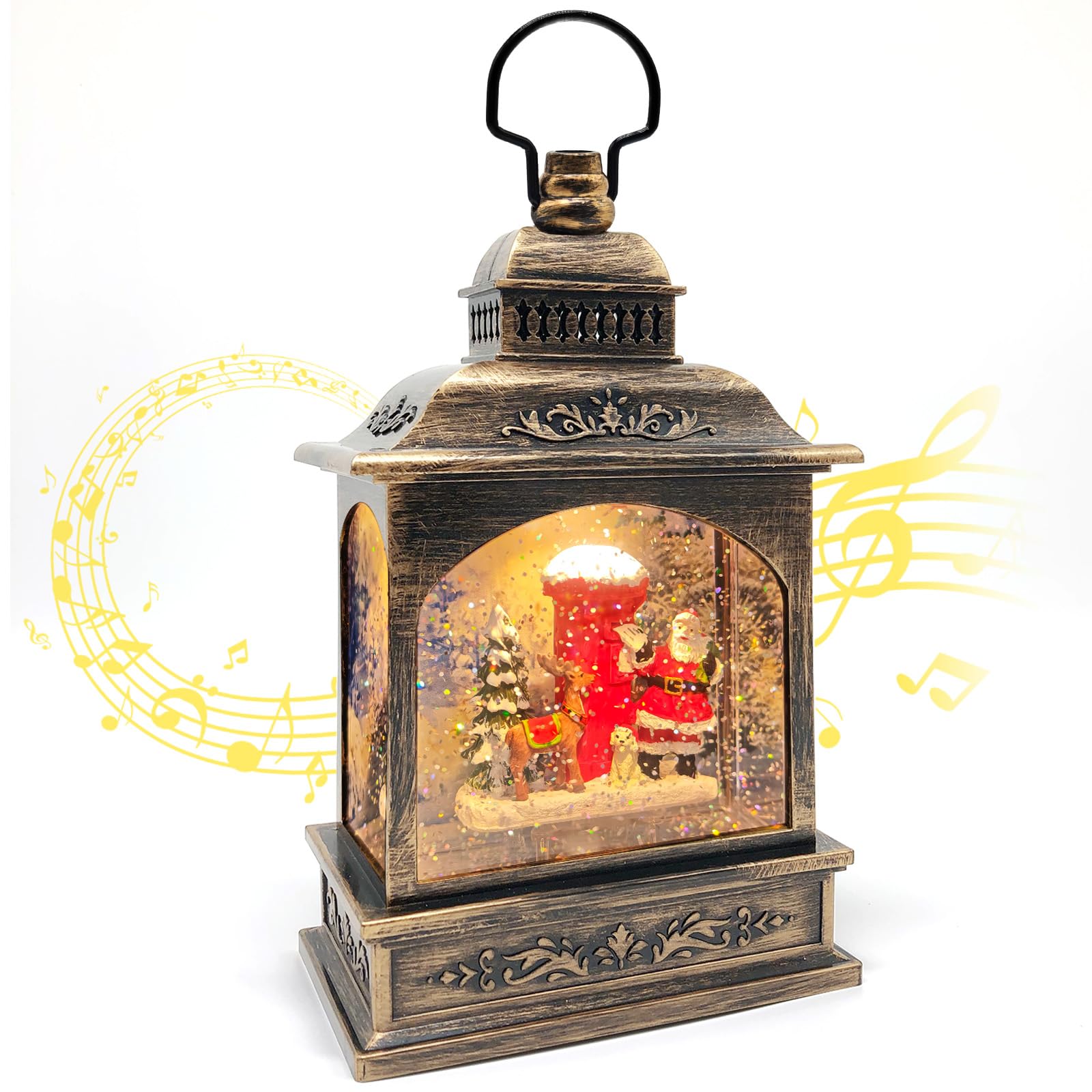 Marsyu Globos de Nieve Navideños Musicales, Linternas Navideñas Giratorias con Pilas USB y 3AA con Proyector,Temporizador, Decoraciones Navideñas Vintage Regalos para Decoración(Papá Noel+Reno+Buzón)