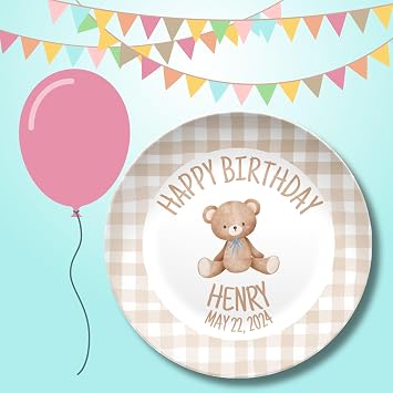 Coquette Style Brown Gingham Personalized Smash Cake Plate A Sweet Keepsake for Babys 1st Birthday. Teddy First Birthday Plate