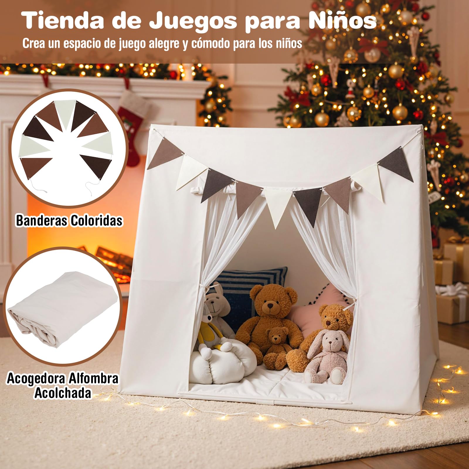 COSTWAY Tienda Campaña Infantil, Casita Infantil Interior con Alfombra Acolchada Lavable, Banderas Coloridas, Casita Niños Tela para Niños de 3+ Años, para Rincón de Lectura, Sala de Juegos