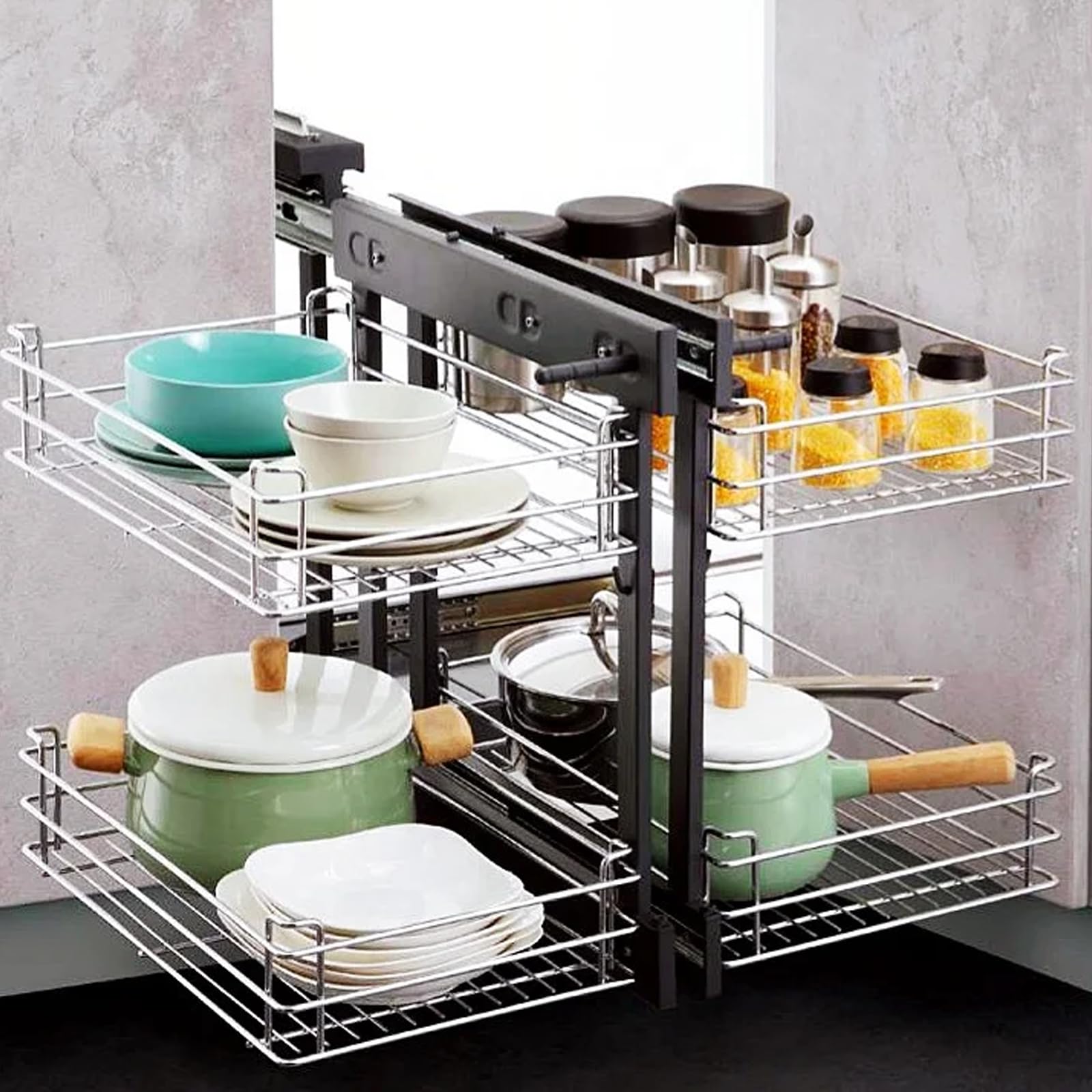 Panier d'angle Coulissant, étagère de Rangement coulissante pour Angle Mort, étagère à Bouteilles rotative avec Fermeture Douce, Panier de Rangement de Cuisine adapté aux Dimensions de 80/90