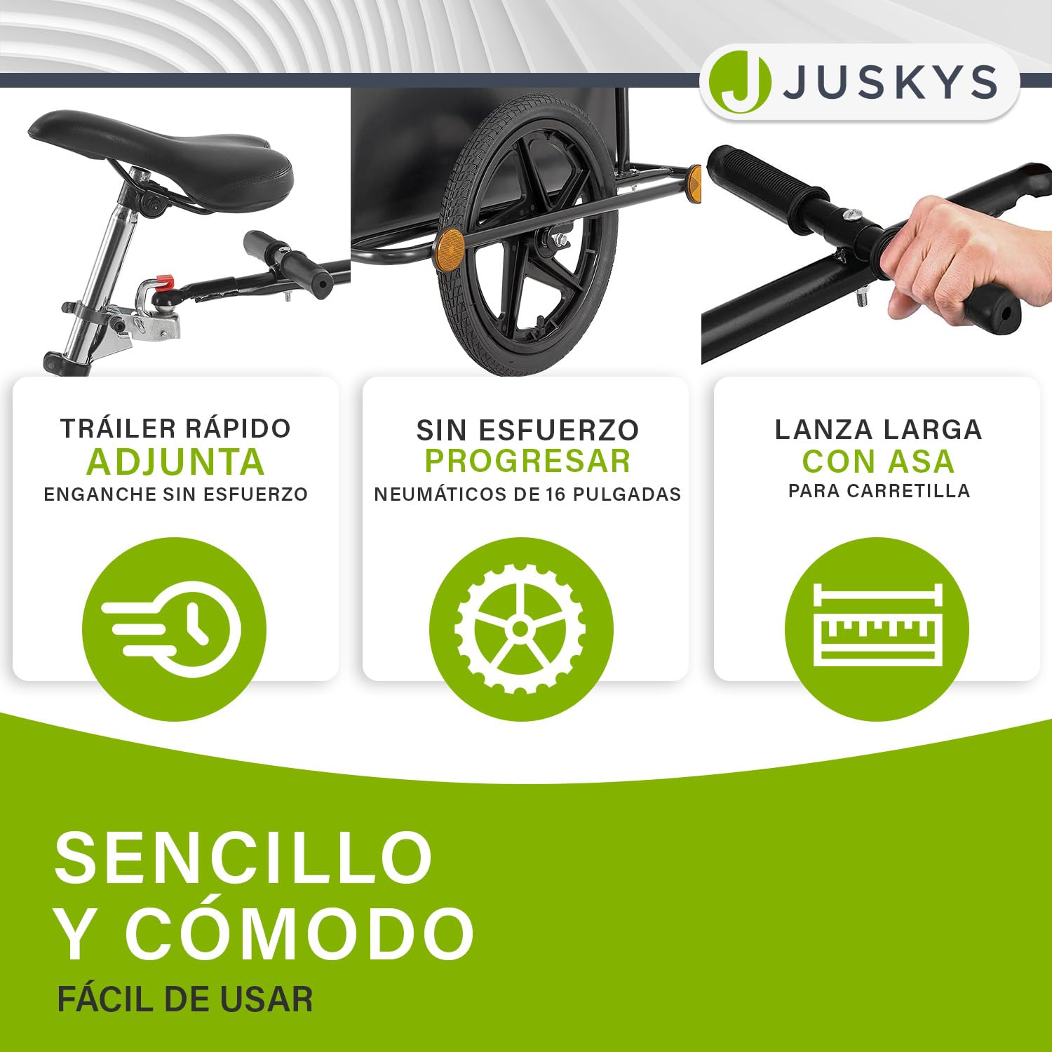 Juskys Remolque para Bicicleta 90 litros - Remolque de Carga con Enganche, Barra de tracción - Remolque para Bicicleta 40/80 kg de Carga útil - Remolque de Transporte con Lona Protectora
