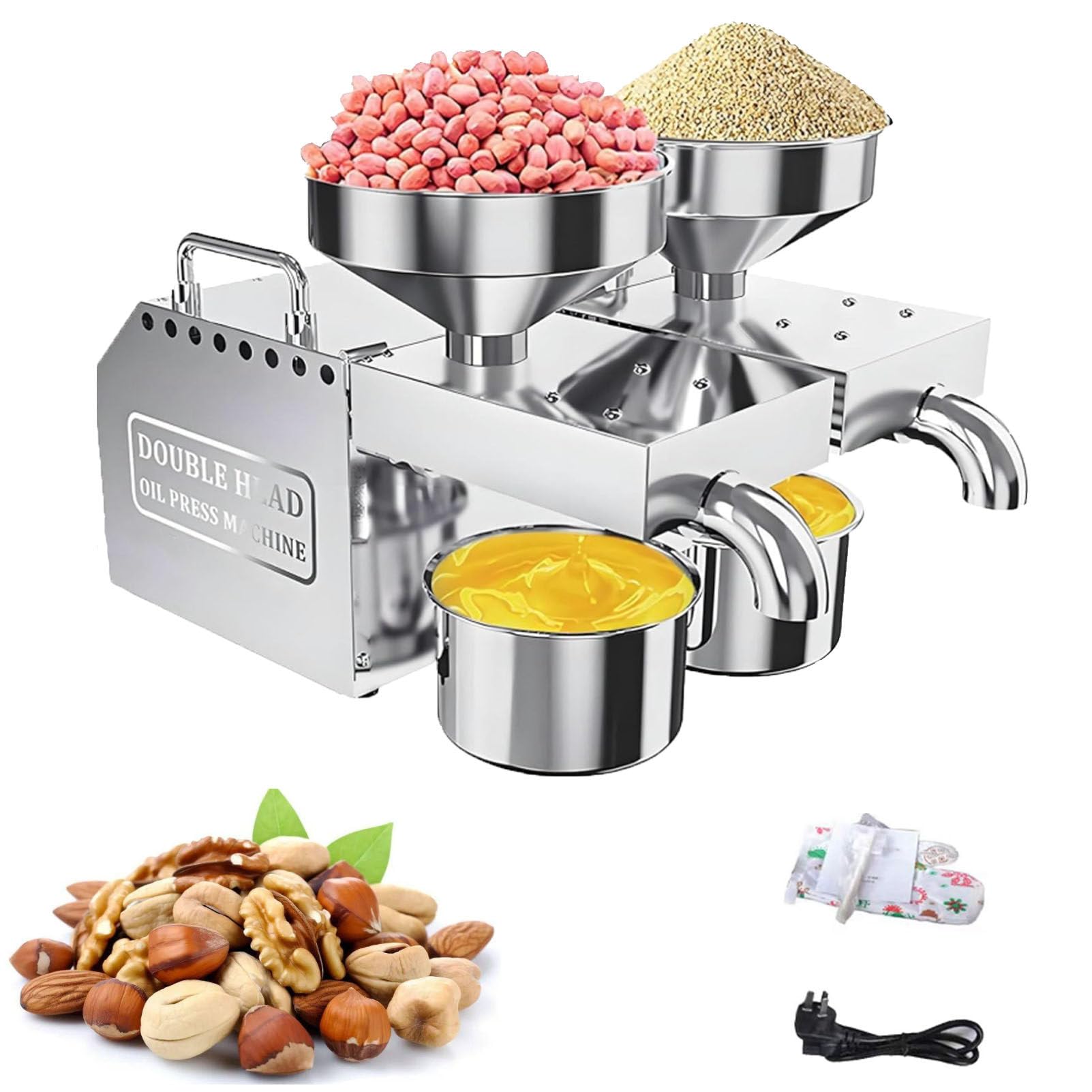 Pfps Stainless Steel Oil Press Machine, with Dual Outlets, Hot & Cold Press Extractor for Peanut, Sesame, Sunflower, Coconut, Soybean Seeds