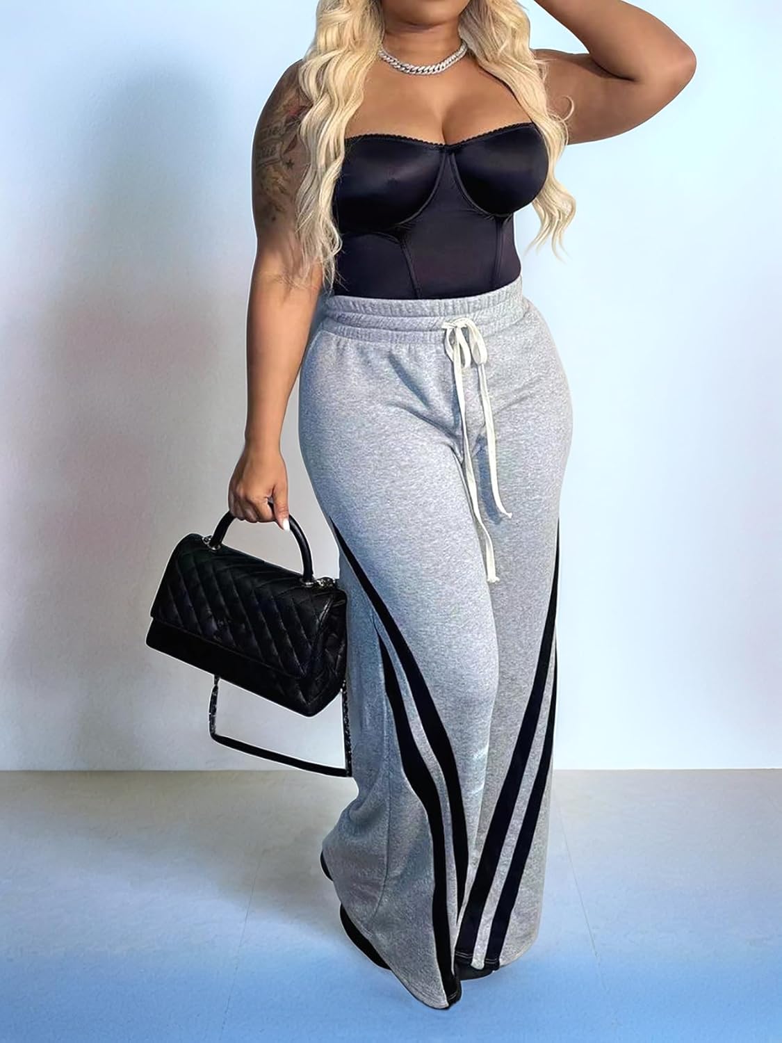 Patchwork Pants for Women High Waist Straight Wide Leg Sweatpants Color Block Striped Track Loose Pants - Image 2