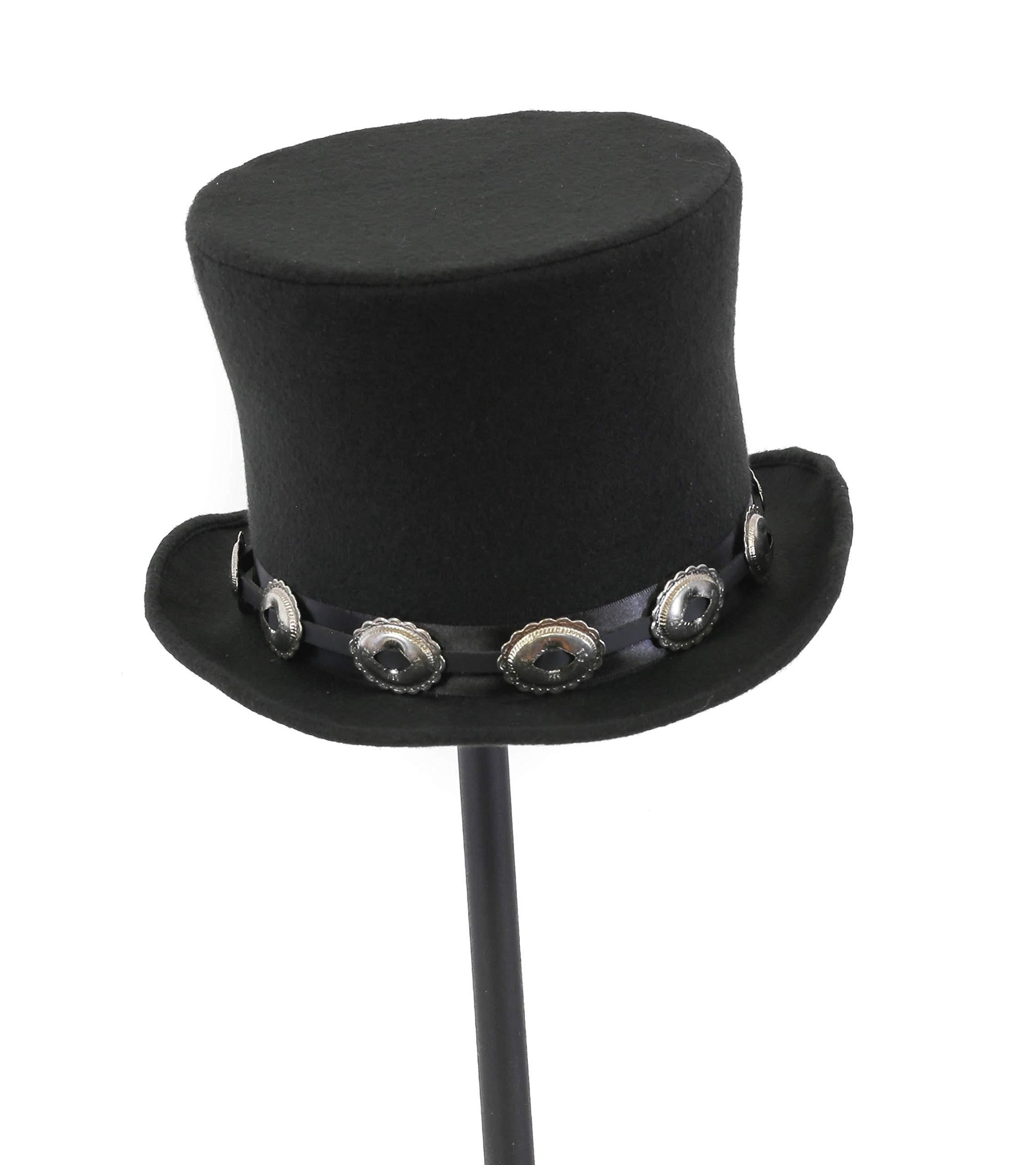 Wool Felt Top Hat Leather Small Oval Concho Band Topper Mid Crown Opera Rocker Mad Hatter Classic Hat Black