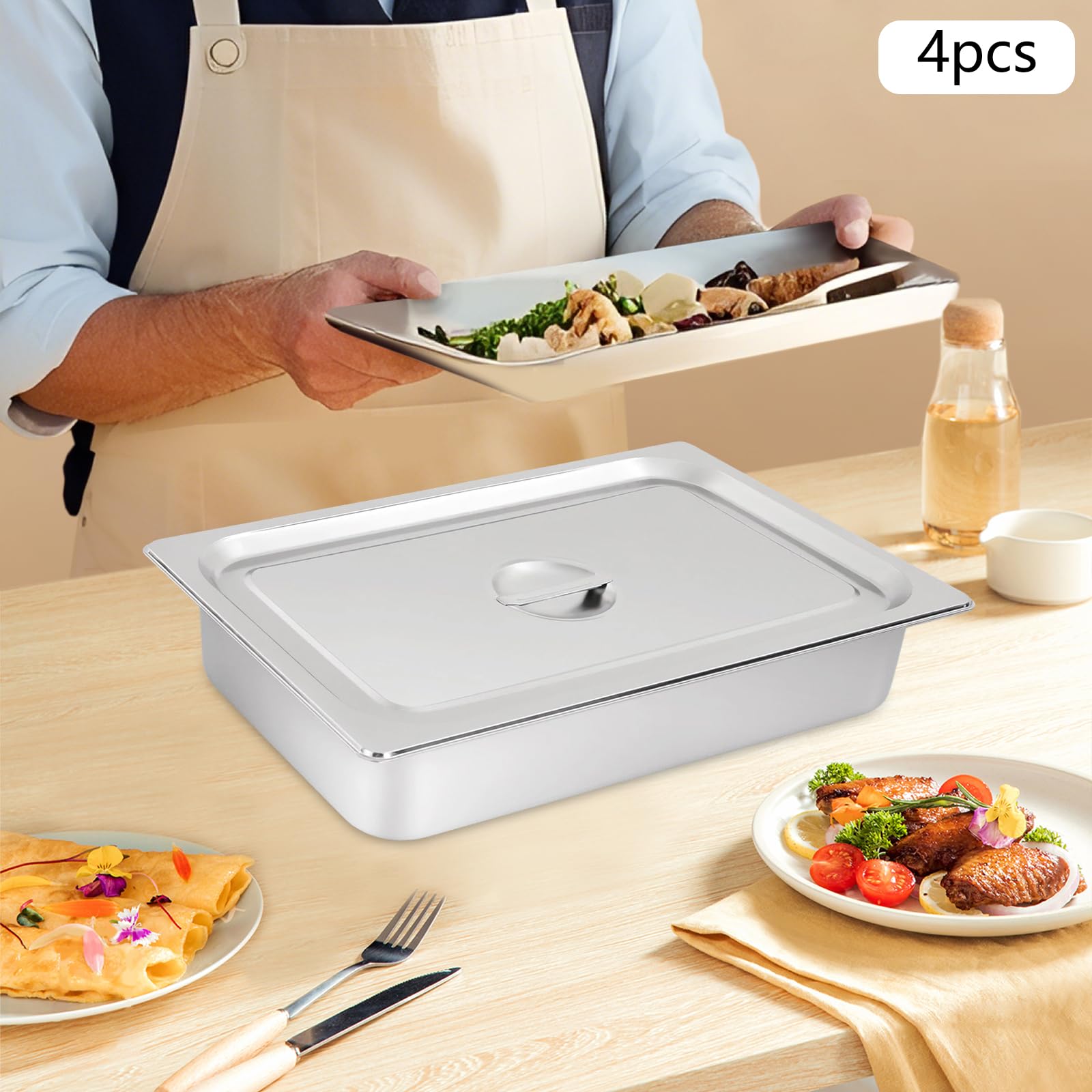 Chafing Dish, 4 scaldavivande 53,5 x 32,5 x 10 cm, grande capacità in acciaio inox con coperchio, impilabile, set da buffet in acciaio inox da 9 l, per ristoranti, hotel, buffet