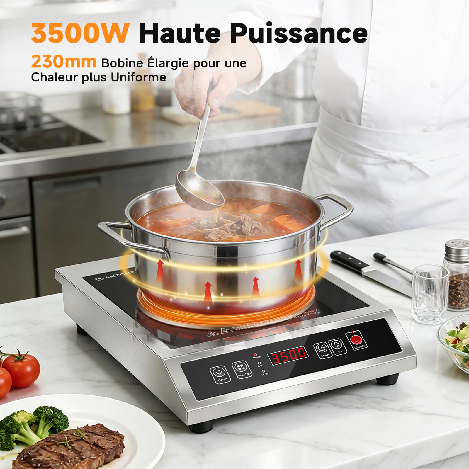 AMZCHEF Plaque Induction Commerciale 3500W, 21 Niveaux de Puissance&20 Niveaux de Température, Corps en Acier Inoxydable, Minuterie 10H, Adapté pour Cuisine de Restauration Professionnelle Restaurant