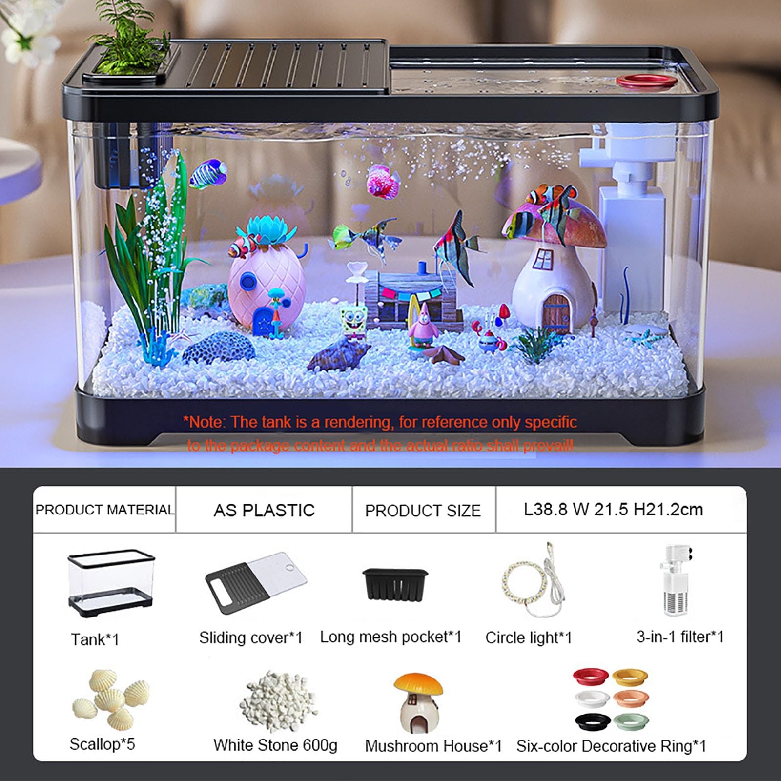 Aquarium Komplett-Set, 38,8 * 21,5 * 21,2 cm Fischtank Mit LED, 3-in-1 Selbstreinigende Filter, Glasbecken Mit Deckel, Klein Aquaristik Dekor Für Zuhause, Büro, Wohnzimmer