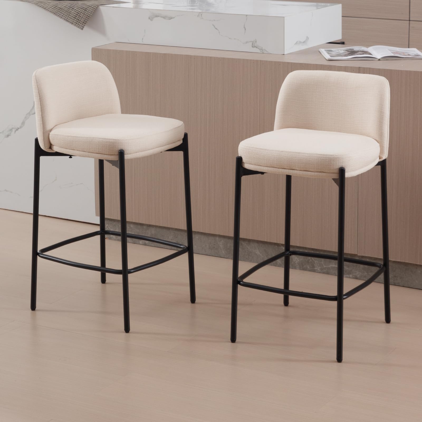 Guyou Modern 26" Counter Height Bar Stools Set of 2, Beige Linen Counter Stools with Curved Back, Upholstered Armless Bar Stools with Black Metal Frame, Kitchen Island Stools for Dining Room