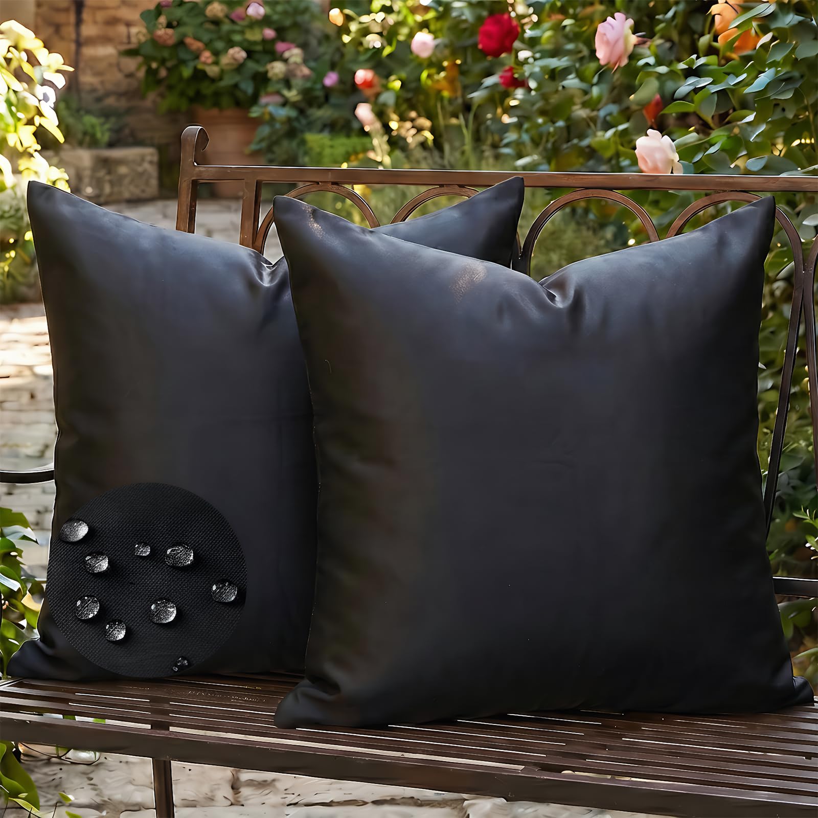 AwzyGous Waterproof Outdoor Cushion Covers 40x40cm Pack of 2, Black Solid Garden Pillow Covers for Furniture Patio Balcony Sofa Bench, Soft Water Resistant Cushion Cases