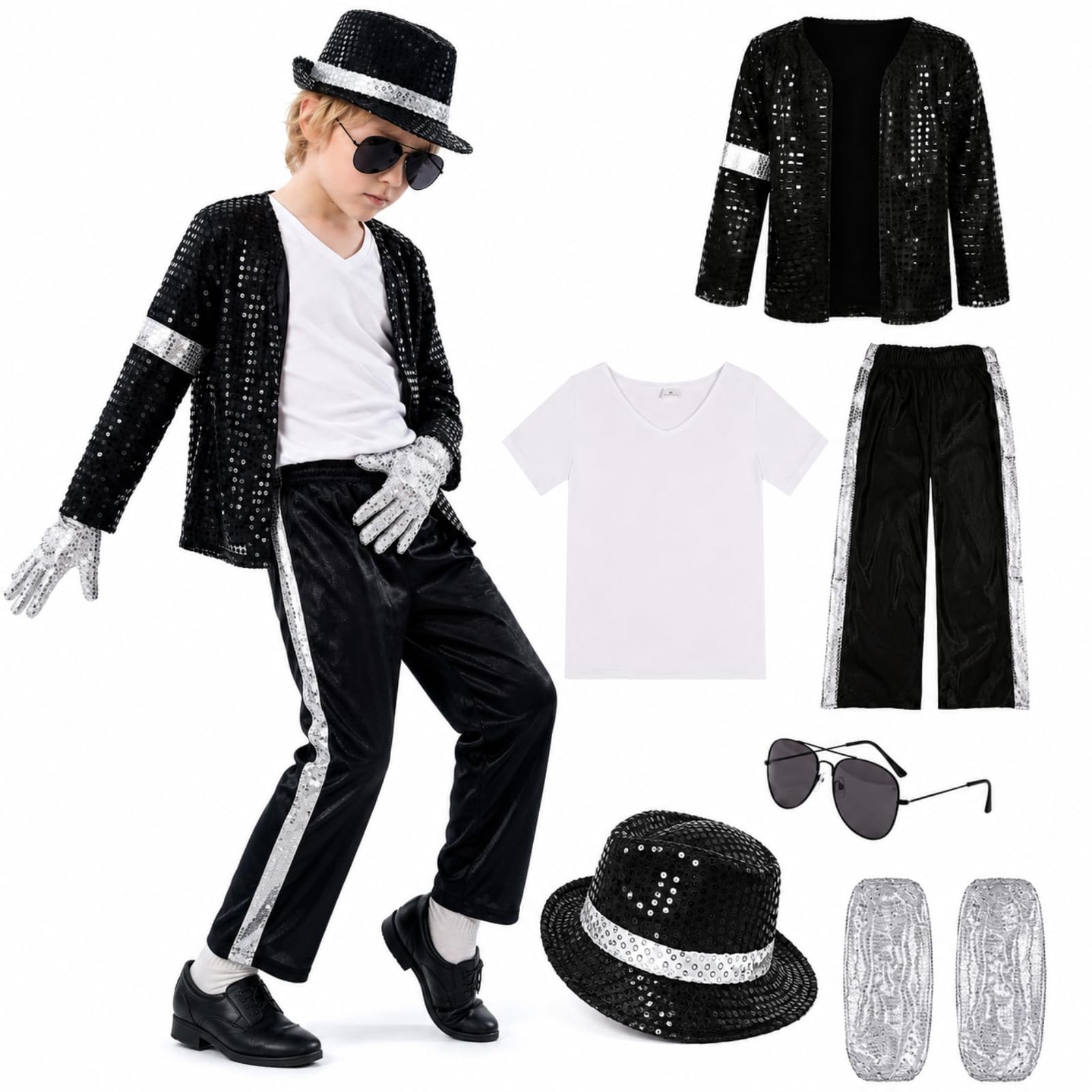 Kids Pop Star Costume 7 Piece Fancy Dress Set, Black Sequin Jacket, Trousers, Hat, Gloves, Sunglasses, T-Shirt & Shoe Covers, 80s 90s Singer Dance Stage Outfit for Boys Halloween Party