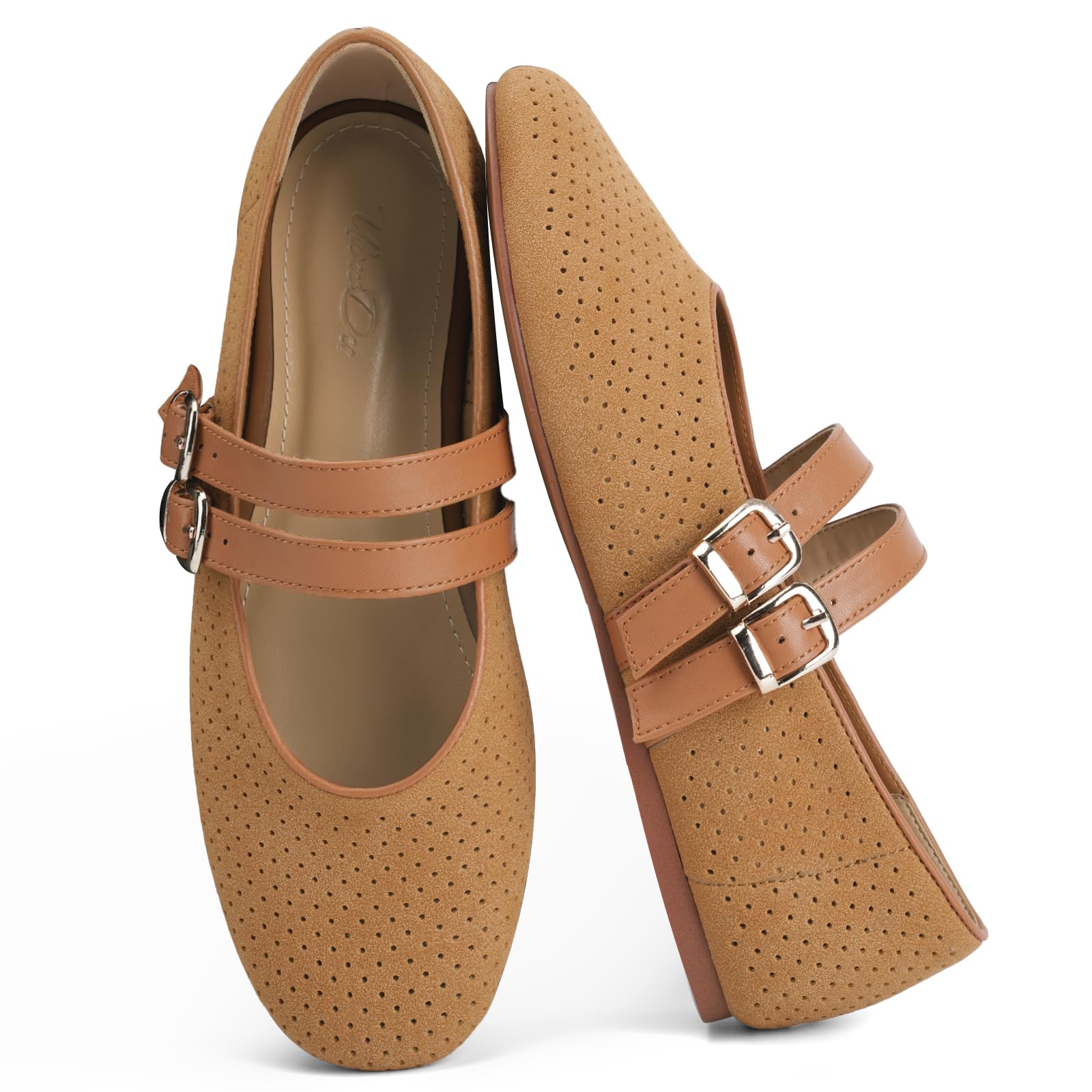 Suede Mary Jane Flats for Women Perforated Round Toe Ballet Flats Comfortable Ballerina S…