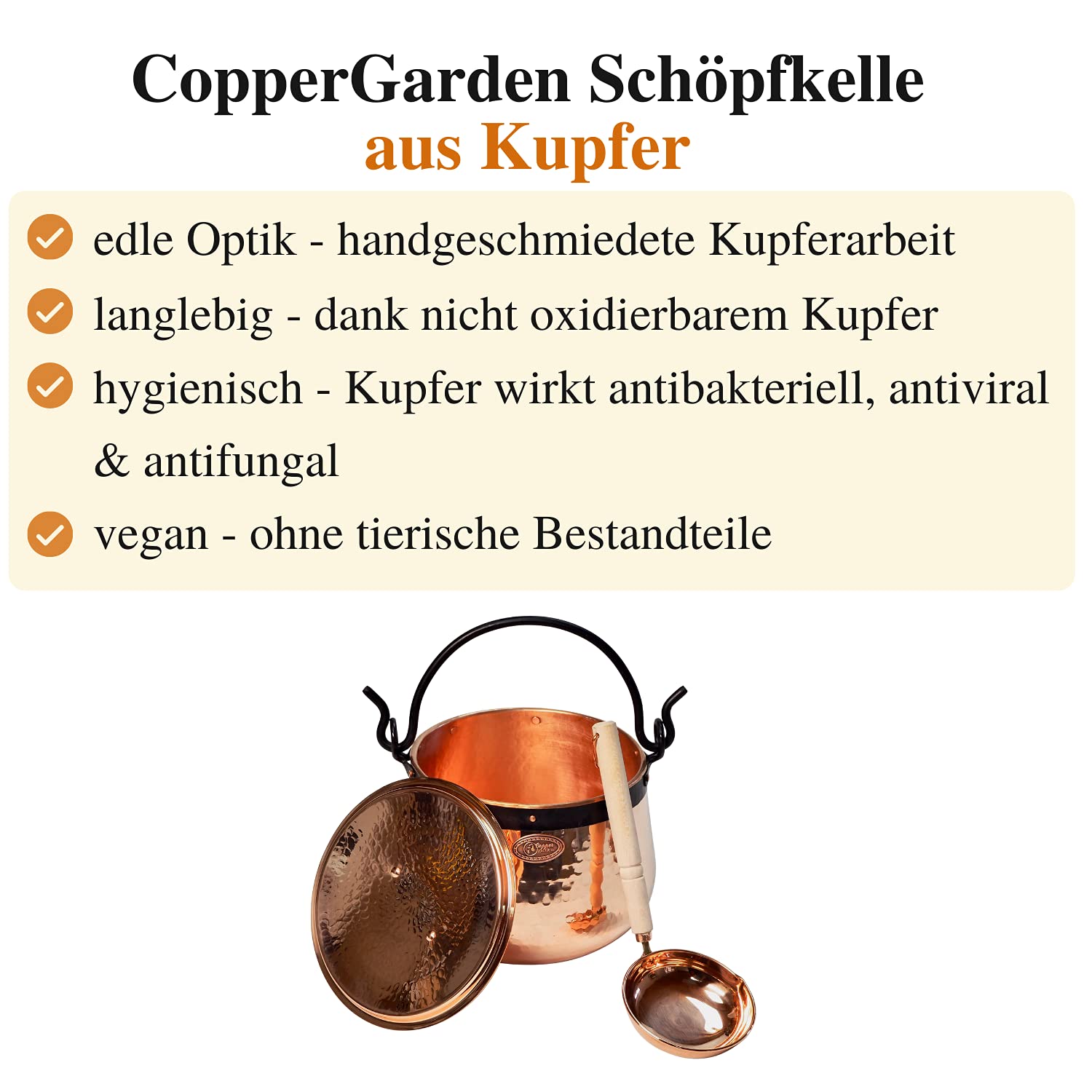 CopperGarden Schöpfkelle mit Holzgriff I Schöpflöffel aus blankem Kupfer I flache Suppenkelle mit Gießspitze I Schöpfer mit Haken zum Aufhängen I Kelle mit 28 cm Länge & 10 cm Durchmesser