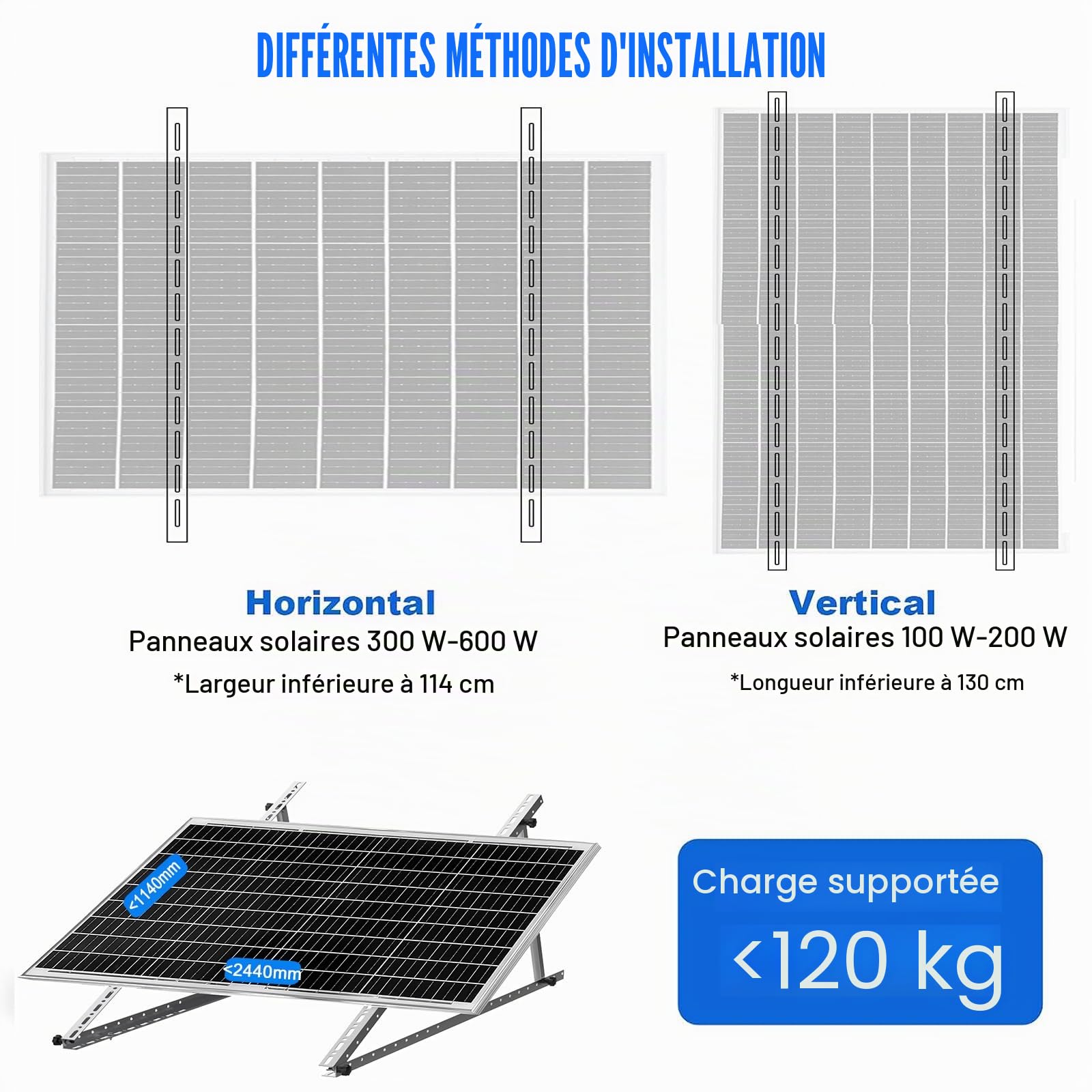GLIESE Support de Panneau Solaire 114cm (2 Paires) Support Panneau Solaire Centrale de Balcon Angle Réglable de 0° à 90° Supports pour Centrale Balcon pour 100W-600W