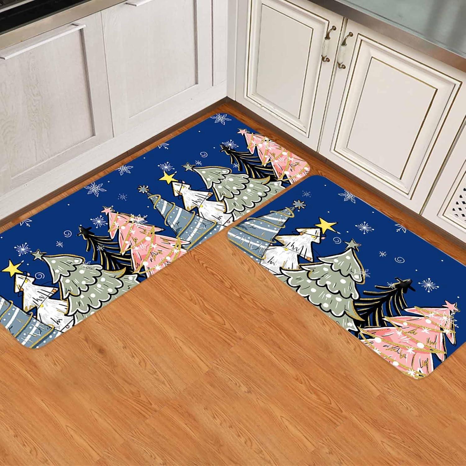 Christmas Kitchen Rugs Set of 2, Xmas Tree Snowflake Navy Blue Kitchen Mats for Floor Christmas Standing Floor Mat, Low-Profile Runner Rug for Xmas Winter Holiday Decorations, 20"x32" + 20"x63"