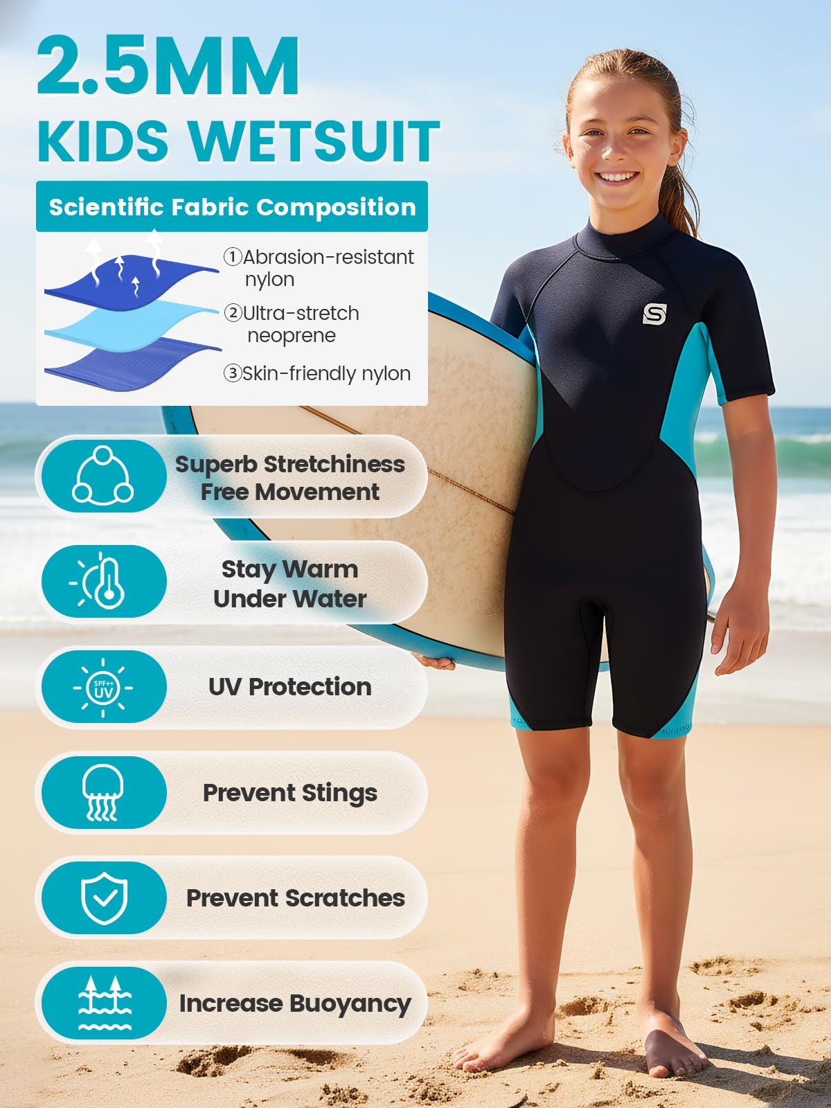 Muta per bambini e bambina, muta in neoprene da 2 mm con protezione UV50+ Mantiene il calore, morbida ed elastica, per nuoto, snorkeling e surf