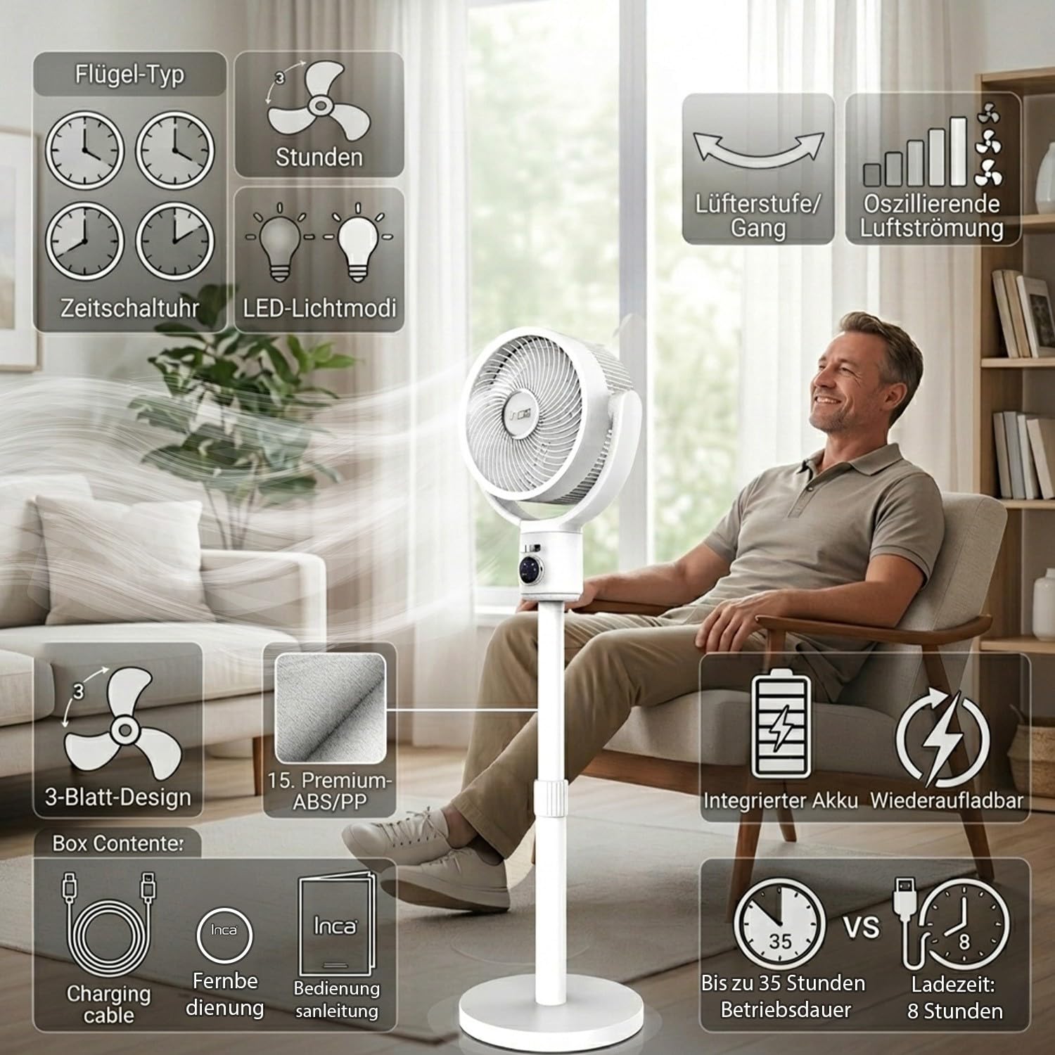 İnca IAF-01B Ventilateur sur pied, batterie 9000 mAh, panneau de commande LED, moteur BLDC silencieux, 5 niveaux, oscillation, hauteur réglable, télécommande, ventilateur mobile pour la maison et le