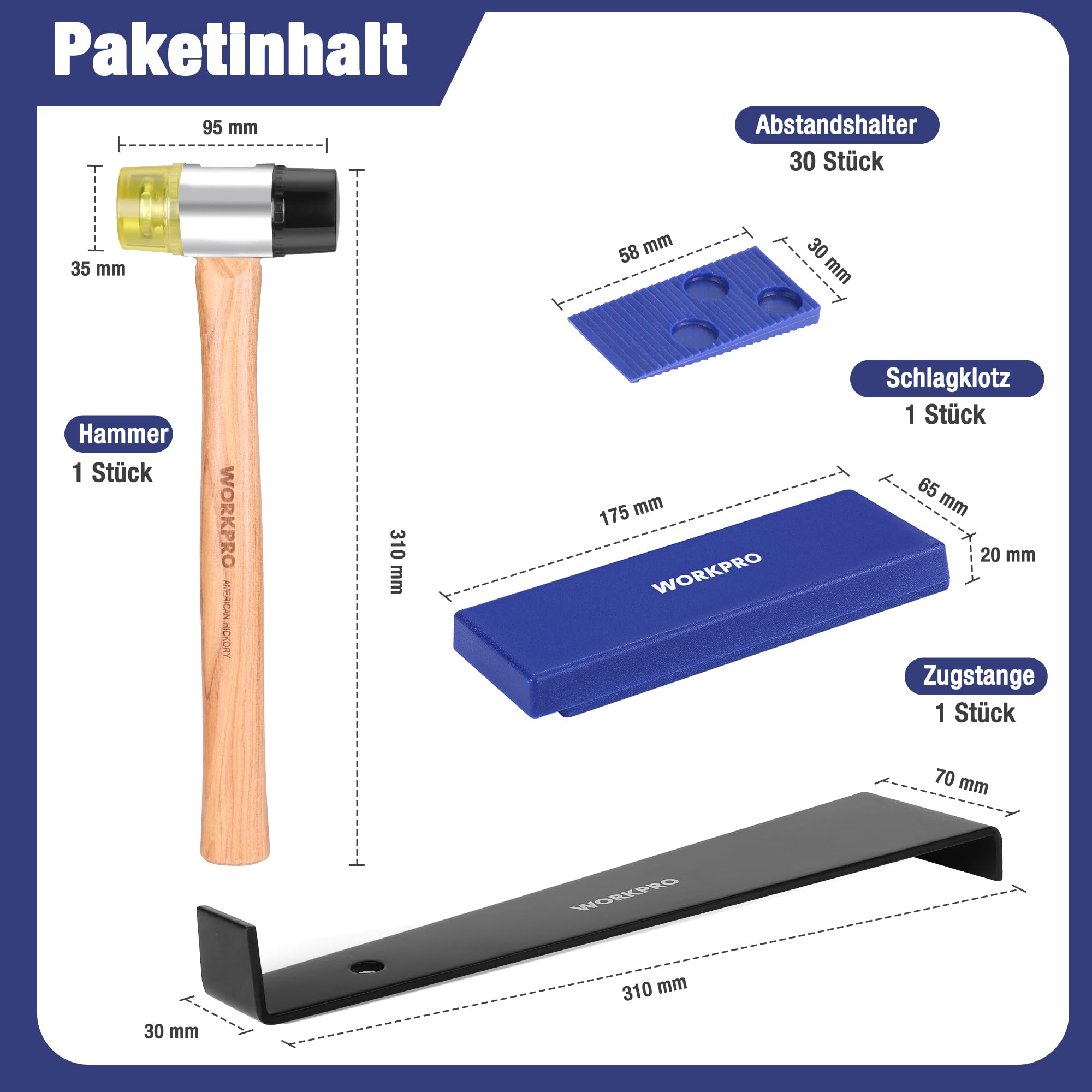 WORKPRO Laminat Verlegeset, Werkzeug zum Verlegen von Laminat mit 30 Abstandshalter, doppelseitigem Hammer, Zugeisen, Schlagklotz, Bausatz für den Bodeneinbau