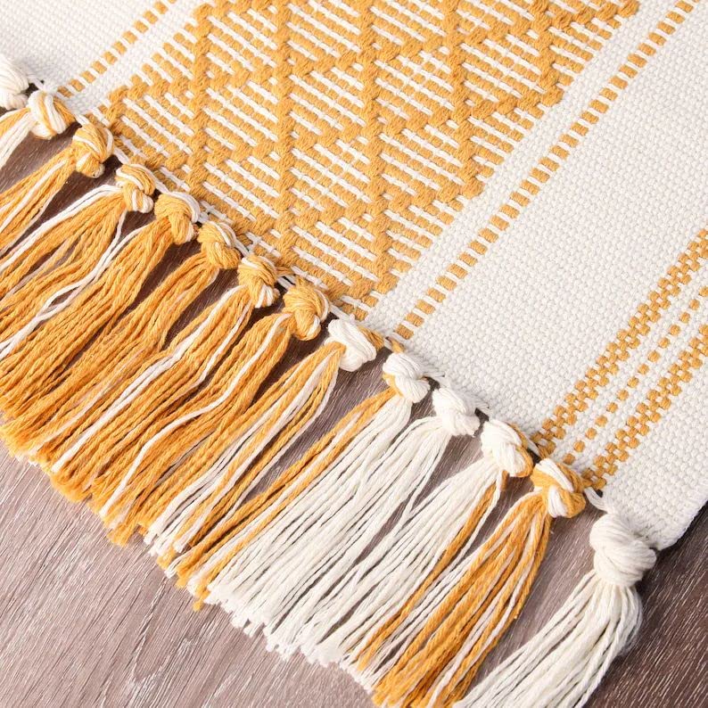 Image of Premium Boho Cotton Table Runner for 4 6 Seater Dining Table |Center Table |Coffee Table|Dining Table|Eating Area|Table Decor(14*72 INCHES)|Yellow White| SZPR 026