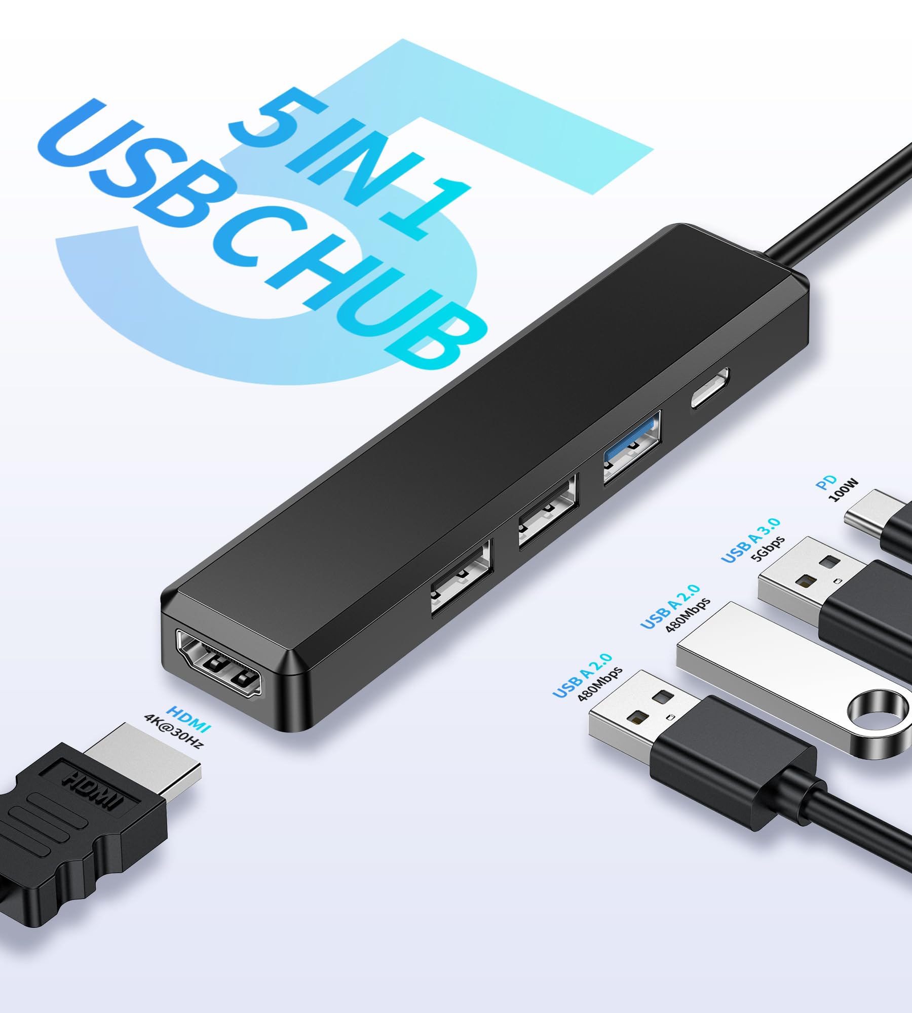BHHB M80 Hub USB C HDMI 4K/ PD 100W Carica/USB 3.0 5Gbps/ 2*USB 2.0, Hub USBC 5 in 1 Adattatore Multiporta Type C Docking Station Compatibile con MacBook Pro/Air M4 M3 M2 M1, Mac, iMac, iPad, iPhone