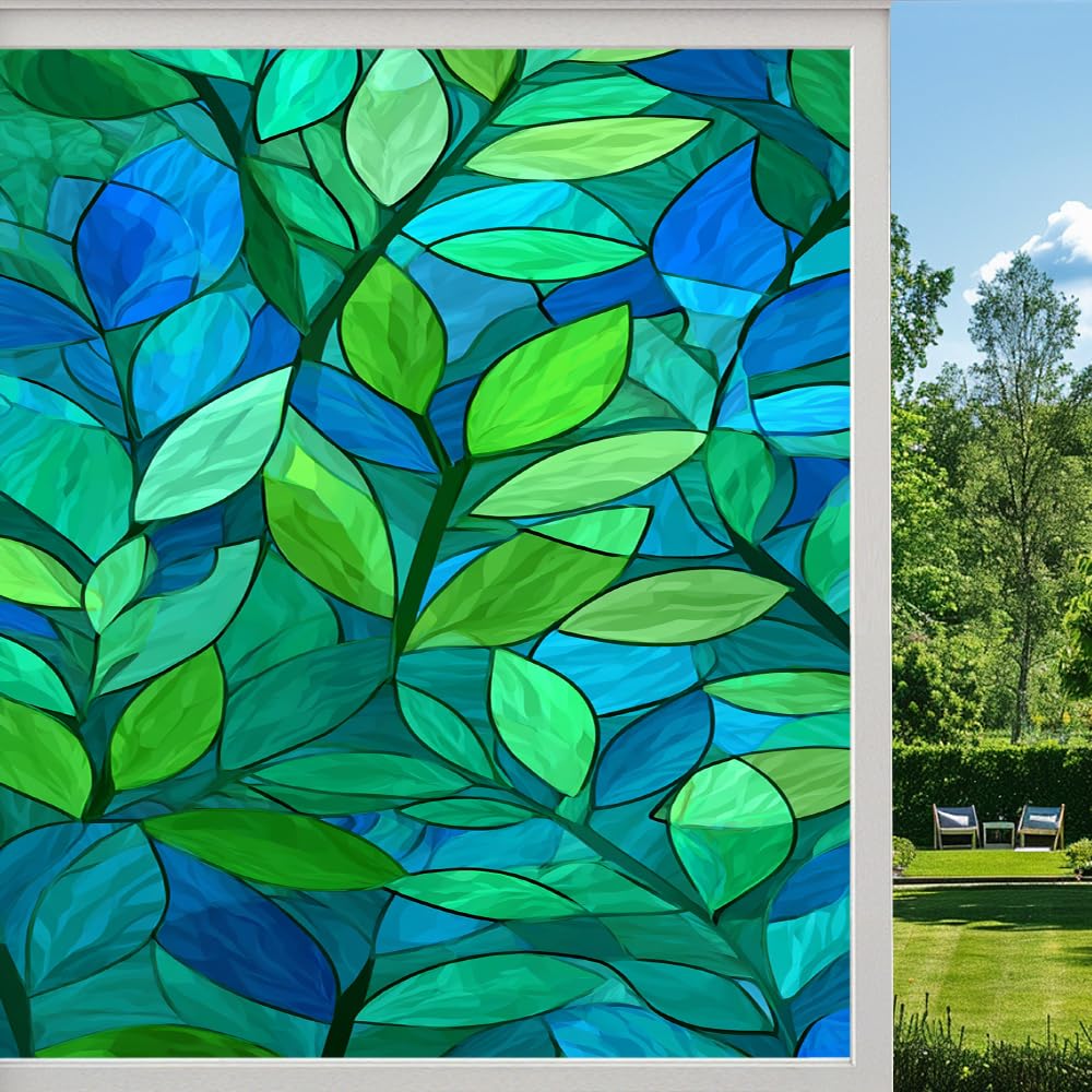 Pmlbaous Abstract Leaf Texture Frosted Window Film, Colorful Natural Plant Stained Glass Privacy Film, Heat Insulation Self-Adhesive Vinyl For Bathroom Office, （50X80cm）