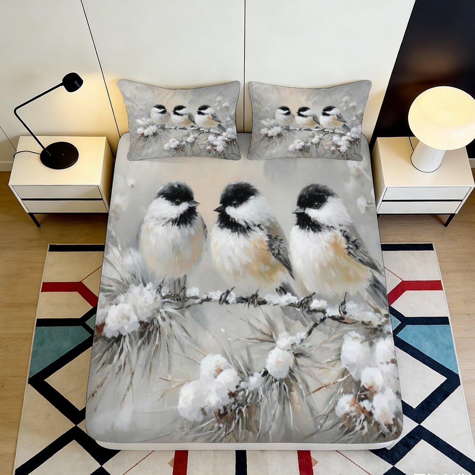 3D Printed Winter Birds Fitted Sheet Microfiber Soft Bed Cover Snowy Branch Bedroom Dorm Mattress Decor 90x200x25cm