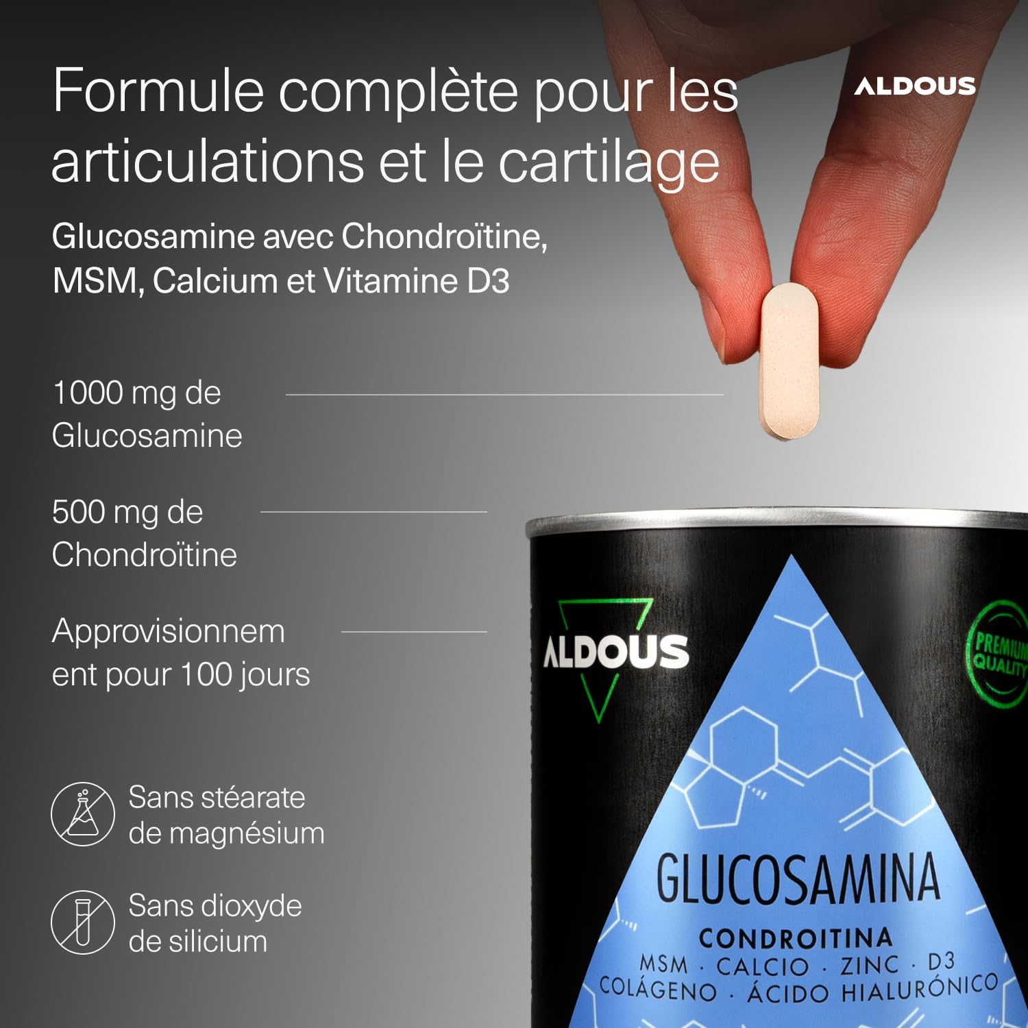 Glucosamine Chondroïtine MSM - 200 comprimés XL - Collagène, Acide Hyaluronique, Zinc, Calcium et Vitamine D3 - Anti-inflammatoire naturel - Pour les os et les articulations - Sans plastique - ALDOUS