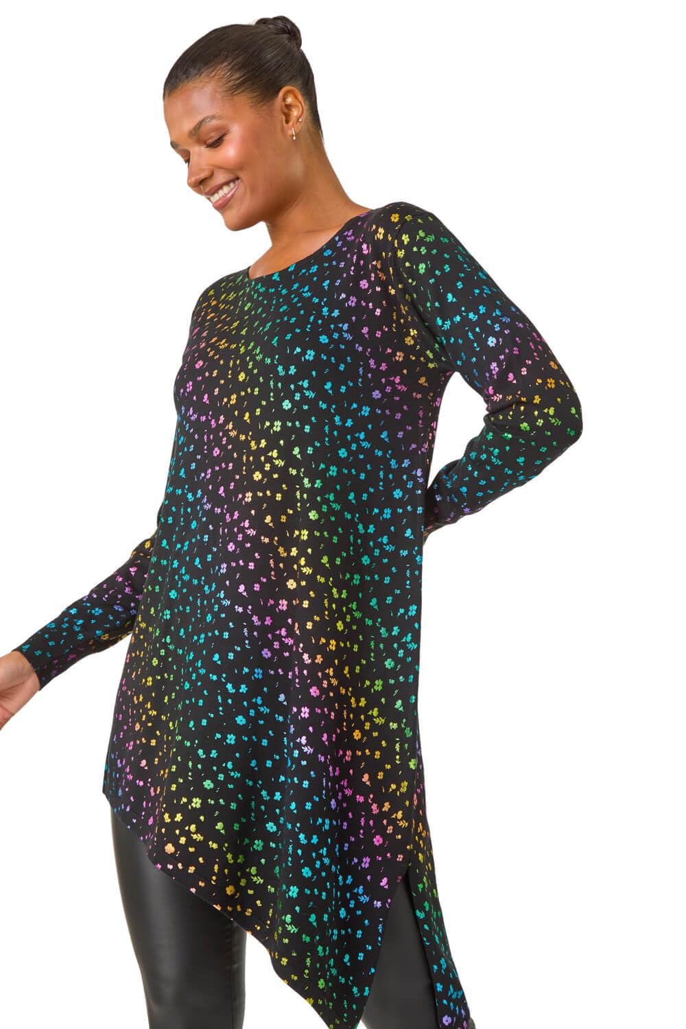 Roman Originals Asymmetrical Foil Print Tunic for Women UK - Ladies Everyday Autumn Winter Crew Neckline Comfy Soft Evening Vacation Work Party Night Out - Multi - Size 10